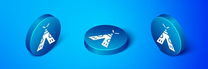 Isometric Traditional indian teepee or wigwam icon isolated on blue background. Indian tent. Blue circle button. Vector Illustration. © Kostiantyn
