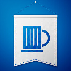 Blue Wooden beer mug icon isolated on blue background. White pennant template. Vector Illustration.