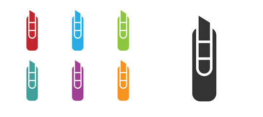 Black Stationery knife icon isolated on white background. Office paper cutter. Set icons colorful. Vector Illustration.