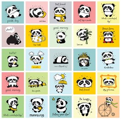 Big set of vector cards with cute pandas and funny lettering