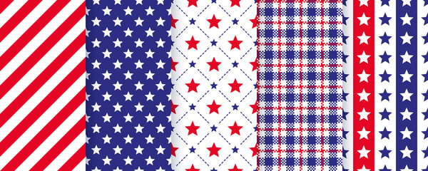 Patriotic seamless pattern. 4th July backgrounds. Vector. Happy independence textures. Set of holiday geometric prints with stars, stripes and plaid. Simple modern endless illustration.