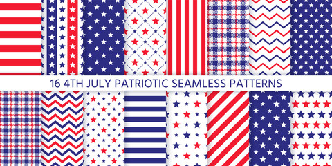 4th July seamless pattern. Patriotic prints. Vector. Happy independence day textures with stars, stripes, zigzag and plaid. Set of USA flag geometric backgrounds. Simple modern illustration.