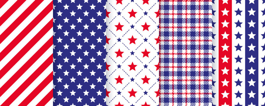 Patriotic Seamless Pattern. 4th July Backgrounds. Vector. Happy Independence Textures. Set Of Holiday Geometric Prints With Stars, Stripes And Plaid. Simple Modern Endless Illustration.