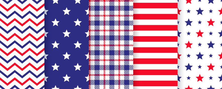 4th July seamless pattern. Patriotic prints. Vector. Happy independence day textures. Set of USA flag geometric backgrounds with stars, stripes, zigzag and plaid. Simple modern illustration.