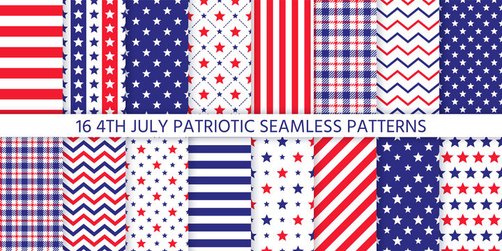 4th July seamless pattern. Patriotic prints. Vector. Happy independence day textures with stars, stripes, zigzag and plaid. Set of USA flag geometric backgrounds. Simple modern illustration.