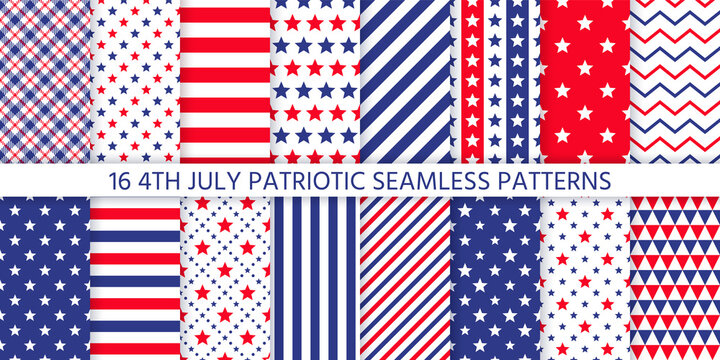 4th July seamless pattern. Patriotic textures. Vector. Happy independence day prints with stripes, stars, zigzag and triangles. Set of USA flag geometric backgrounds. Simple modern illustration.