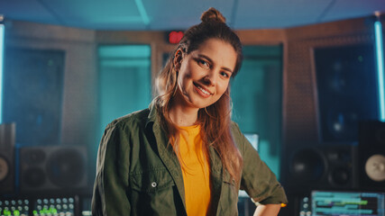 Portrait of Beautiful and Successful Caucasian Artist, Musician, Producer Wearing Stylish Jacket...
