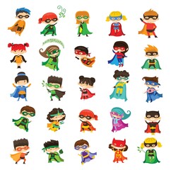 Cartoon vector illustration of Kid Superheroes wearing comics costumes