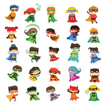 Cartoon vector illustration of Kid Superheroes wearing comics costumes
