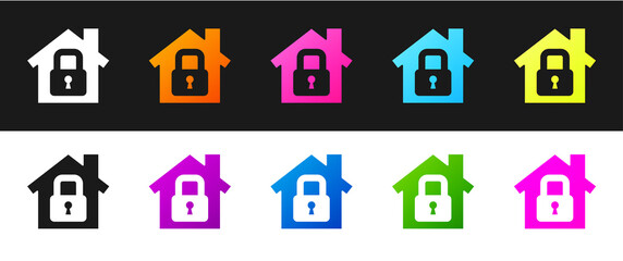 Set House under protection icon isolated on black and white background. Home and lock. Protection, safety, security, protect, defense concept. Vector Illustration.