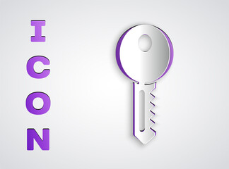 Paper cut House key icon isolated on grey background. Paper art style. Vector Illustration.