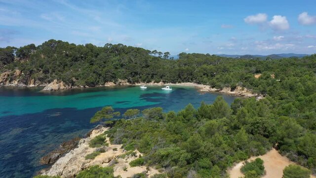 France, Cote d'Azur, Aerial view of Cap Leoube and Estagnole beach located near Bormes les mimosas,