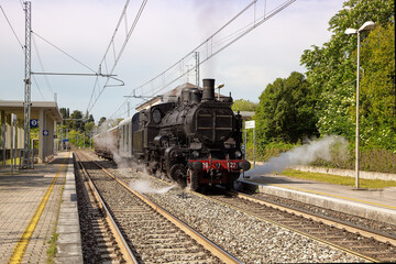 Fototapeta na wymiar Old steam train - locomotive at the train station Gorizia, Italy