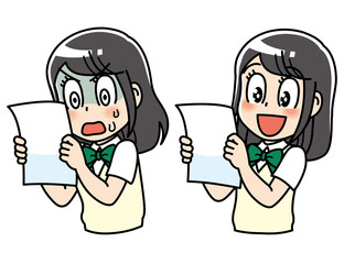 高校生　女子　女子高生　 テスト　セット　ビフォアフター　ショック　結果　喜び　学力アップ　プリント　テスト用紙　答案用紙　答案　勉強　制服　学生　中学生　中高生　生徒　教育　学校　スクール　授業　学習　勉強　予備校　塾　試験　受験生　受験　夏期講習　机　夏服　10代　学生服　半袖　かわいい　若い　女　女の子　女性　女子学生　アニメ　マンガ　まんが　漫画　キャラクター　元気　manga