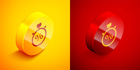 Isometric Stopwatch and percent icon isolated on orange and red background. Time timer sign. Circle button. Vector Illustration.