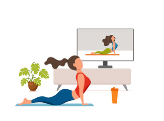 Online fitness yoga classes vector concept. Stay home girl doing