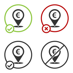 Black Cash location pin icon isolated on white background. Pointer and euro symbol. Money location. Business and investment concept. Circle button. Vector Illustration.