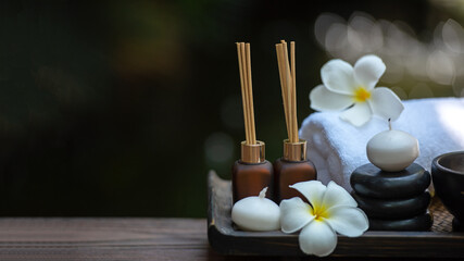 Thai Spa.  Massage spa treatment aroma for healthy wellness and  relax. Spa Plumeria flower for body therapy.  Lifestyle Healthy Concept - obrazy, fototapety, plakaty