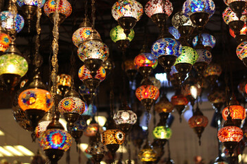 colorful lamps on the ceiling