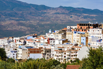 It's Panoramic view of the Chefchaouen, small town in northwest Morocco famous by its blue buildings