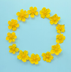 Floral yellow round frame on a blue background. Floral arrangement for design postcards. Card with copy space for text