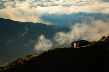 Naklejka na ściany i meble landscape. house on the mountain. Volcano Batur. Bali Indonesia