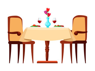 Table with dishes, romantic dinner at restaurant isolated
