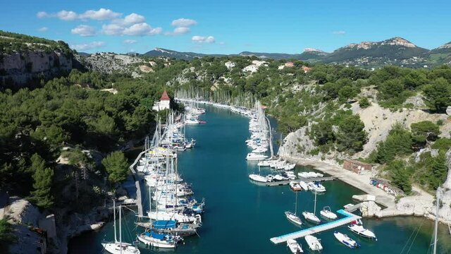 Aerial view  of Calanques National park near Cassis fishing village. Little harbor "Port Miou"