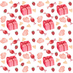 Bright and festive pattern with gift boxes, marshmallow, berries, and candies. Great for birthdays and Christmas!