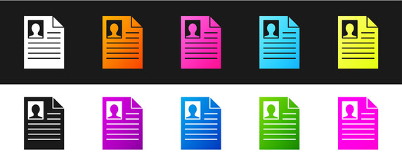 Set Resume icon isolated on black and white background. CV application. Searching professional staff. Analyzing personnel resume. Vector Illustration.