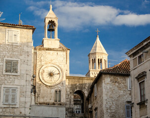 Fototapeta na wymiar Famous ancient clock tower in the old town of Split, Croatia.