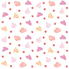 Light and sweet seamless pattern with marshmallow and currant berries on a white background. Elegant and airy artwork, watercolor illustration. Great for summer holidays and birthdays. 