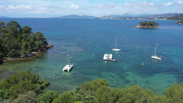 France, Cote d'Azur, Aerial view of Cap Leoube and Estagnole beach located near Bormes les mimosas,