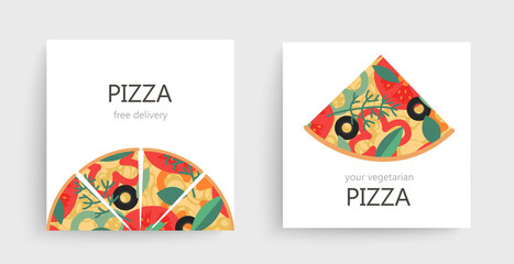 Bundle of square templates with delicious pizza cut in slices on white background. 