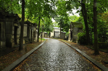 A stone-paved alley after the rain. The Pere Lachaise cemetery. Paris.