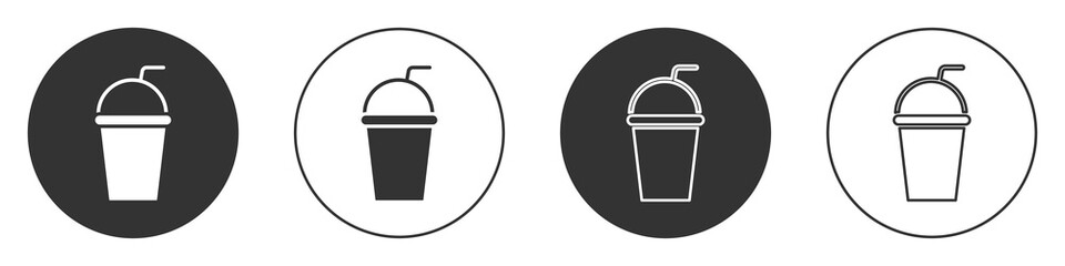 Black Paper glass with drinking straw and water icon isolated on white background. Soda drink glass. Fresh cold beverage symbol. Circle button. Vector Illustration.