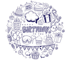 Happy Birthday background. Hand-drawn Birthday sets, party blowouts, party hats, gift boxes and bows, garlands and balloons and firework, candles on birthday pie.