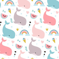 Seamless childish pattern with whales. Creative kids hand drawn texture for fabric, wrapping, textile, wallpaper, apparel. Vector illustration