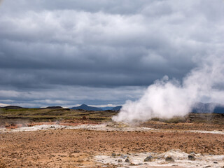 Fototapeta na wymiar Hot springs Namafjall, Iceland. Geothermal area with fumaroles and mud pots