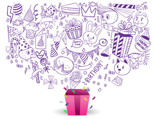 Happy Birthday background. Hand-drawn Birthday sets, party blowouts, party hats, gift boxes and bows, garlands and balloons and firework, candles on birthday pie.