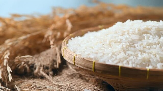 Pan motion:Thai jasmine rice on bamboo basket. Agricultural products from Thailand