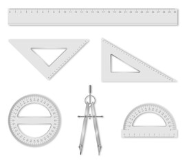 Set of isolated geometry items: ruler, set squares, protractors and compass.  School accessories