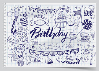 Happy Birthday background. Hand-drawn Birthday sets, party blowouts, party hats, gift boxes and bows, garlands and balloons and firework, candles on birthday pie.