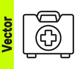 Black line First aid kit icon isolated on white background. Medical box with cross. Medical equipment for emergency. Healthcare concept. Vector Illustration.