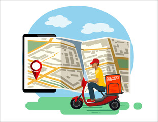 Fast and free delivery by scooter on mobile. Food delivery app on a smartphone tracking a delivery man on a moped with a ready meal.  Vector, illustration.