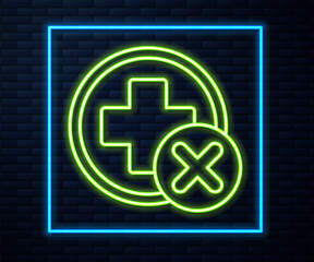 Glowing neon line Cross hospital medical icon isolated on brick wall background. First aid. Diagnostics symbol. Medicine and pharmacy sign. Vector Illustration.