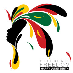 Simple splash of abstract designs around a black silhouette of a woman for Juneteenth in national colors - 359008182