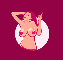 Topless Nude girl with large breast - Vector sticker emblem for Breast augmentation and Plastic surgery, Sex shop or Meeting Website.