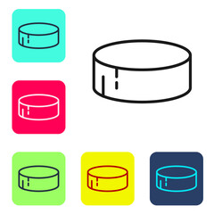 Black line Hockey puck icon isolated on white background. Sport equipment. Set icons in color square buttons. Vector Illustration.