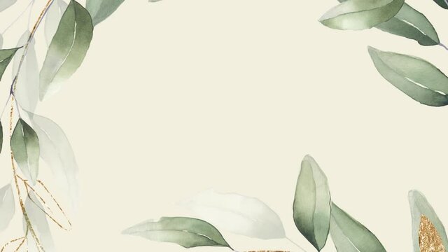 Delicate eucalyptus boarder watercolor leaves branches pastel light green beige herbal natural organic